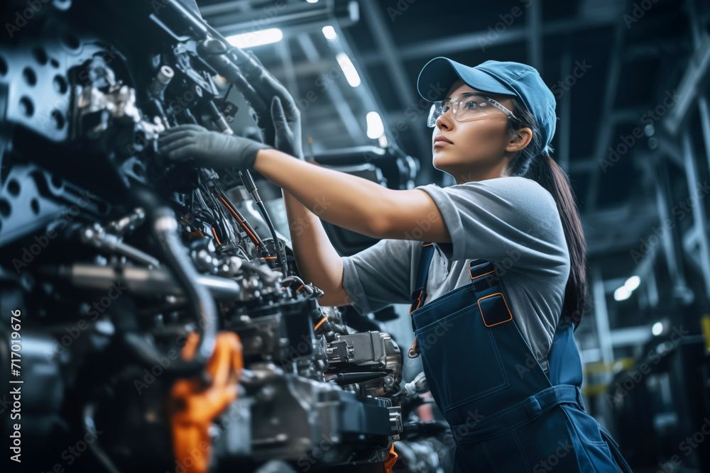 Skilled female engineer fine-tuning machinery on the automotive assembly line Skilled female engineer fine-tuning machinery on the automotive assembly line