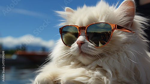 Closeup photo of a white cat wearing sunglasses