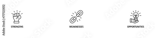 SWOT banner web icon vector illustration concept for strengths, weaknesses, threats, and opportunities analysis with an icon of value, goal, break chain, low battery, growth, check, minus, and crisis
