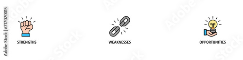 SWOT banner web icon vector illustration concept for strengths, weaknesses, threats, and opportunities analysis with an icon of value, goal, break chain, low battery, growth, check, minus, and crisis