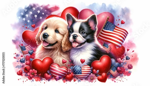 A captivating watercolor concept illustration for Valentine's Day, featuring a cute couple of puppies with a patriotic USA theme 02 photo