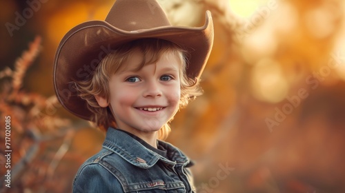 Happy Child in Cowboy Hat with a Joyful Smile, Portrait in Autumn Nature photo