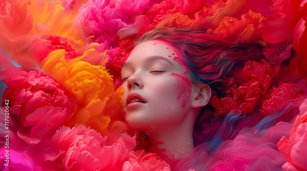 Young Woman among Colourful Clouds of Multiple Colours, Embracing Creativity, Empowered, Talented, Mindfulness and Self Expression, Paint Powder Splashes, Carnival Makeup, Party Fun