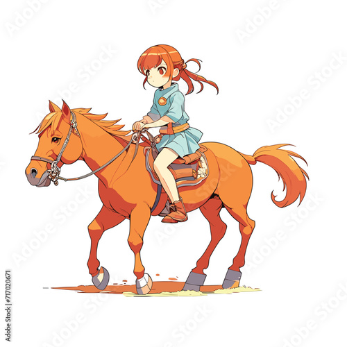 Little Girl Riding a Horse on a White Background vector illustration. Generative AI