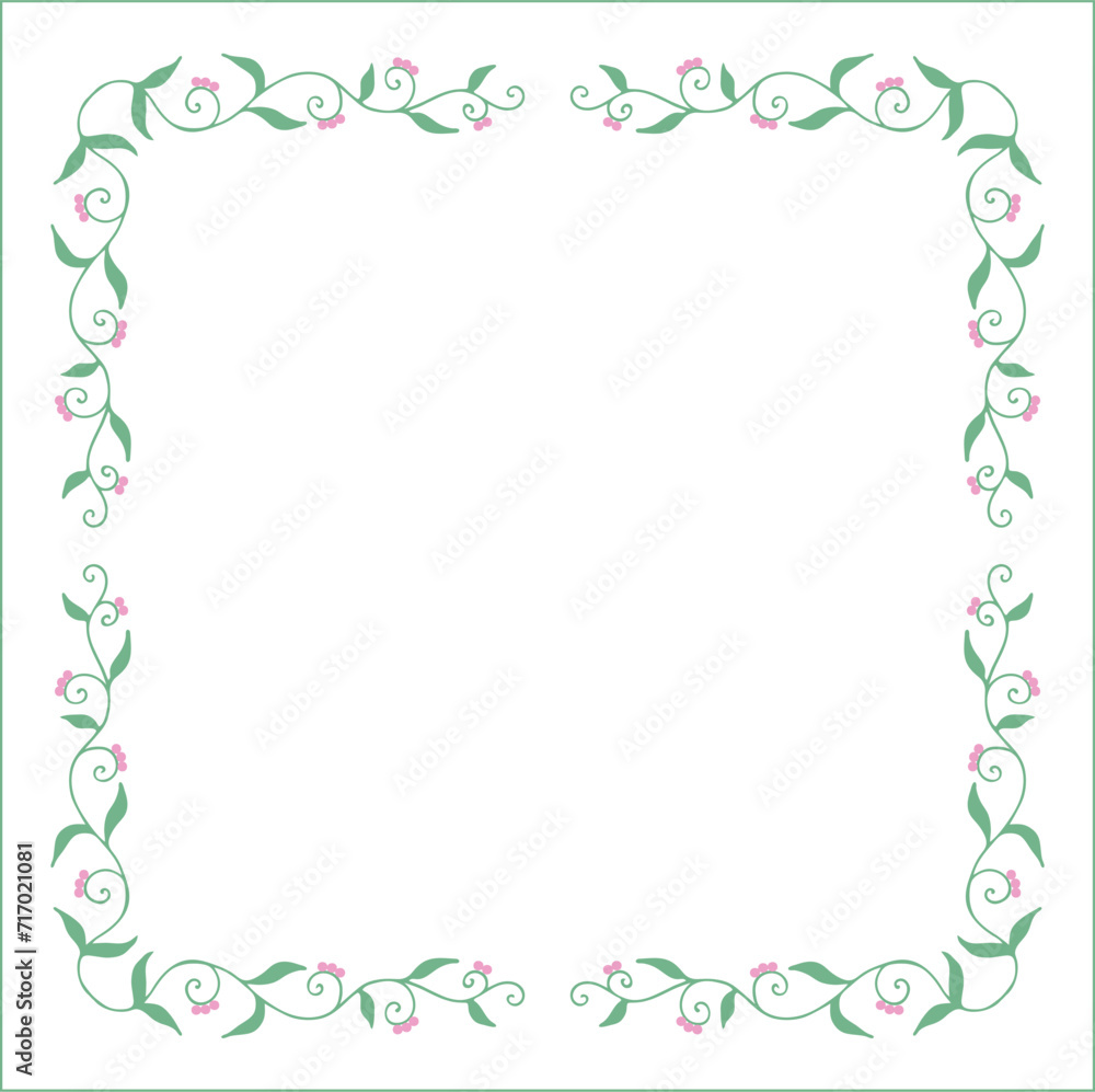 Green floral frame with leaves and pink flowers, decorative corners for greeting cards, banners, business cards, invitations, menus. Isolated vector illustration.	