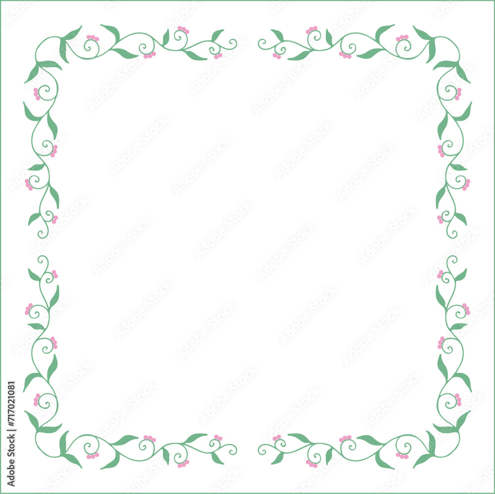 Green floral frame with leaves and pink flowers, decorative corners for greeting cards, banners, business cards, invitations, menus. Isolated vector illustration. Green floral frame with leaves and pink flowers, decorative corners for greeting cards, banners, business cards, invitations, menus. Isolated vector illustration.