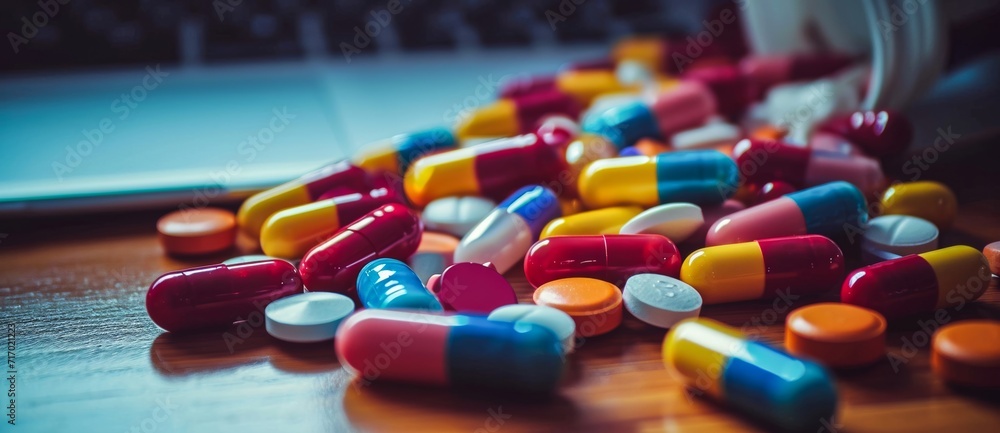 A colorful assortment of pharmaceuticals lay scattered on a table, resembling sweet candies but holding the power to relieve pain and improve health, representing the complex world of modern medicine - obrazy, fototapety, plakaty 
