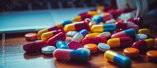 A colorful assortment of pharmaceuticals lay scattered on a table, resembling sweet candies but holding the power to relieve pain and improve health, representing the complex world of modern medicine photo