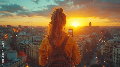 A young girl holds a phone in her hands and takes photo view on city. AI generate illustration