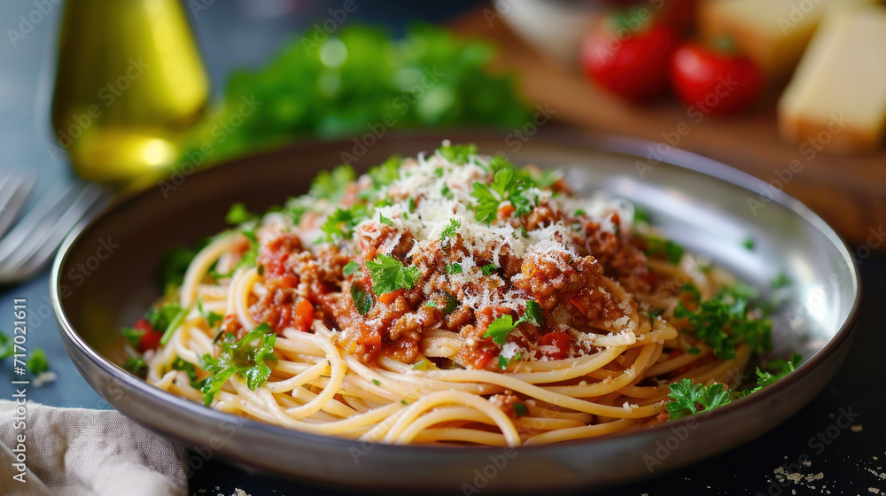 Pasta Penne Bolognese in white plate on light background. Bolognese sauce is classic italian cuisine dish. Popular italian food. Pasta Penne Bolognese in white plate on light background. Bolognese sauce is classic italian cuisine dish. Popular italian food.