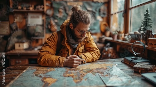A travel blogger strategizing their day on a map. AI generate illustration