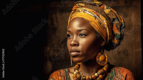 Portrait of a beautiful mature african native woman in traditional clothes and turban, background with copy space photo