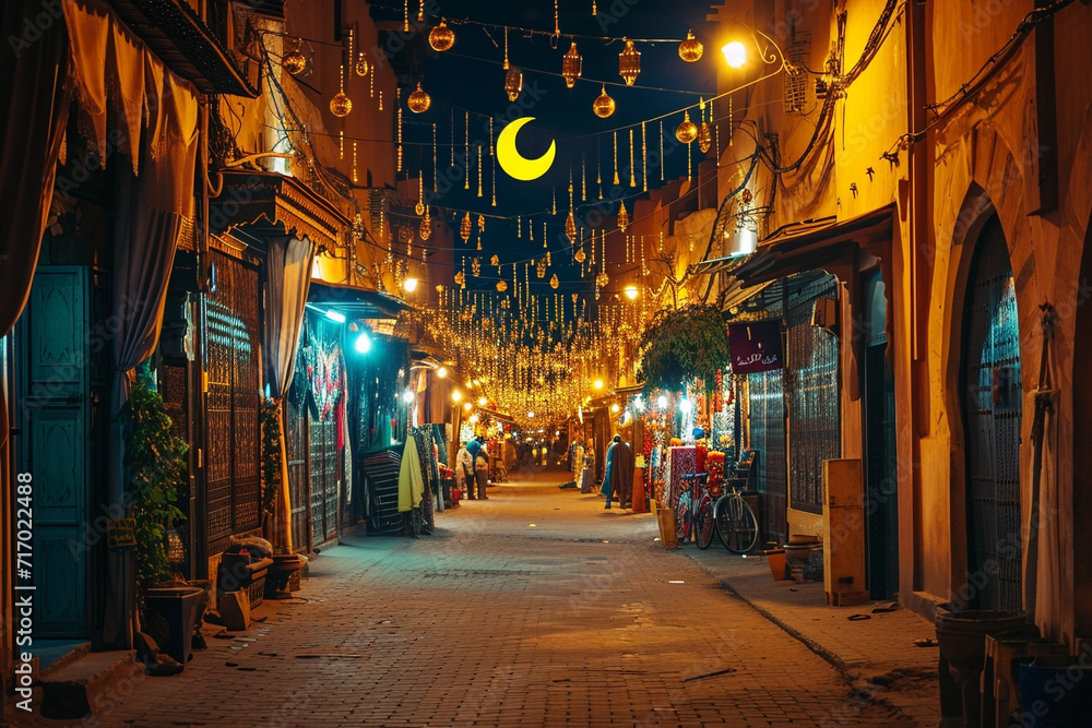 Old traditional arabic street in night with ramadan garlands and crescent moon