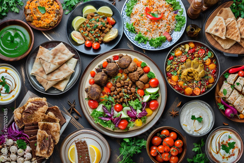 Flat lay of Ramadan kareem Iftar party table with assorted festive traditional Arab dishes