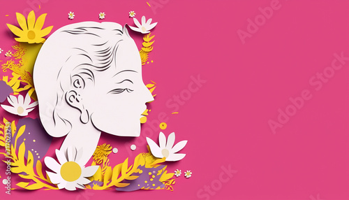 Illustration of face and flowers style paper cut for international women s day