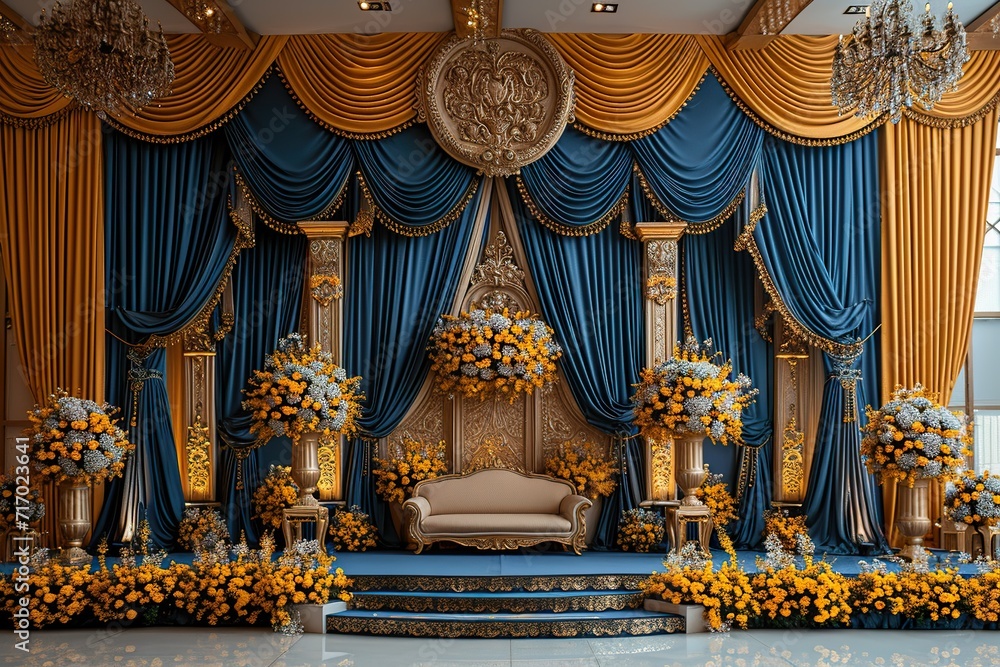 deep blue with golden curtain wedding stage with yellow flowers frames,