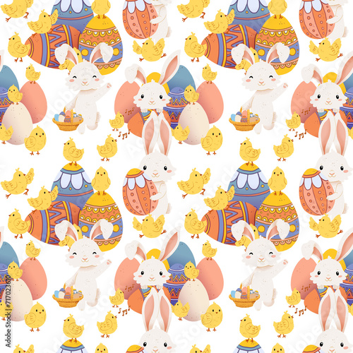 Easter cartoon white spring bunny iseamless pattern. Cute easter character. Transparent background photo