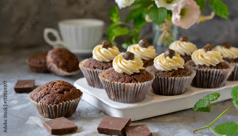 Muffins with chocolate whipped cream and nuts. Muffins with chocolate whipped cream and nuts.