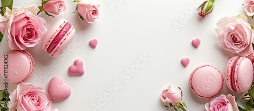 Pink macaroon hearts and pink roses adorn a blank white background.