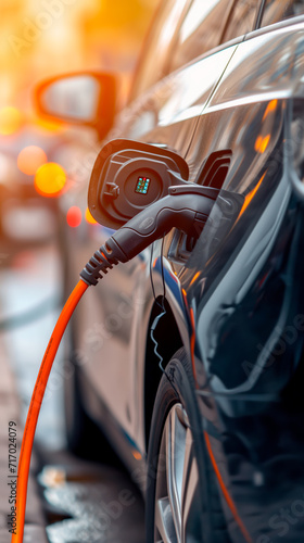 Electric vehicle charging on city street, eco-friendly transport.  © henjon