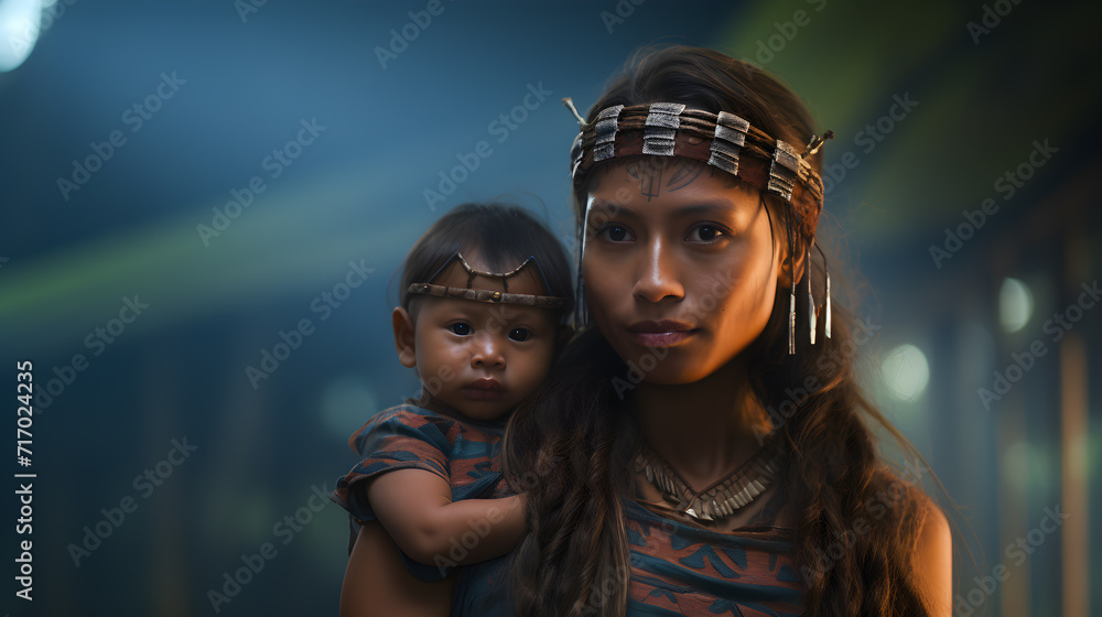 A young and beautiful South American indigenous woman from Amazonas, carrying a baby in her arms
A young and beautiful South American indigenous woman from Amazonas, carrying a baby in her arms