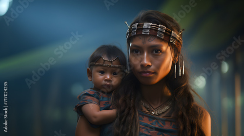 A young and beautiful South American indigenous woman from Amazonas, carrying a baby in her arms 