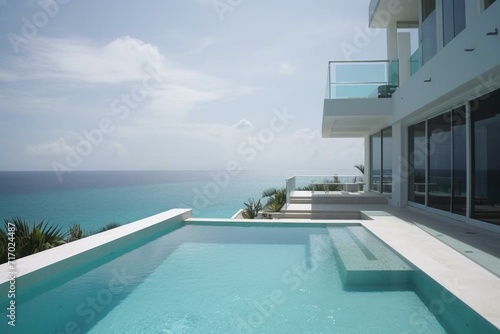 Stunning upscale home: sleek design, pool, ocean panorama. Generative AI © Evadne