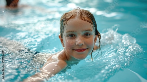 Little girl swimming freestyle in a swimming pool