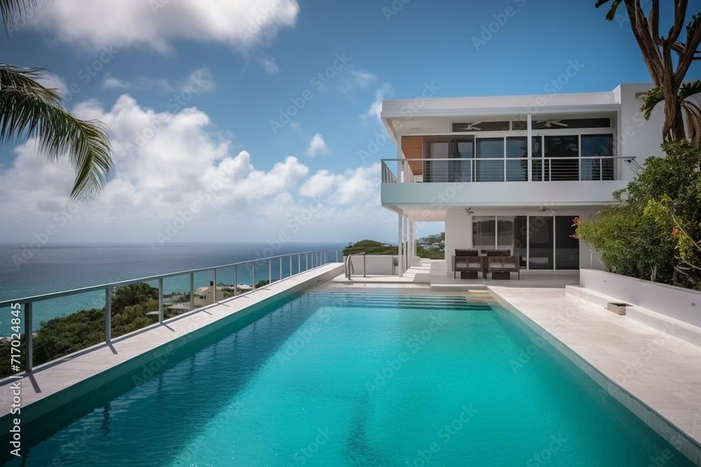 Stunning upscale home: sleek design, pool, ocean panorama. Generative AI
