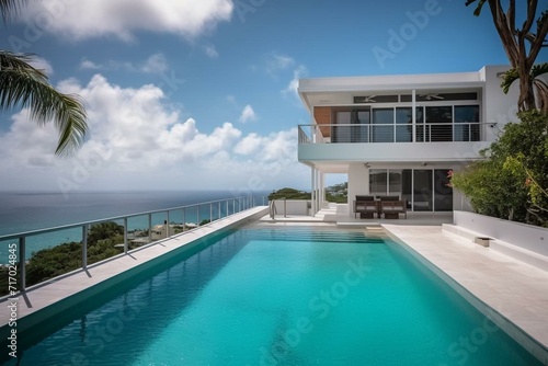 Stunning upscale home: sleek design, pool, ocean panorama. Generative AI