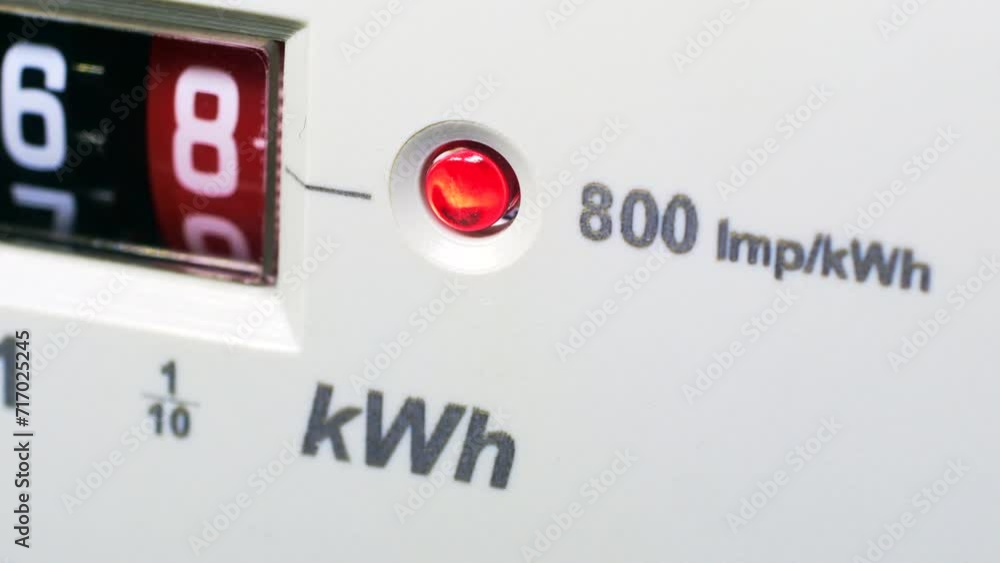 A closeup of an electric meter with flashing red LED light, energy