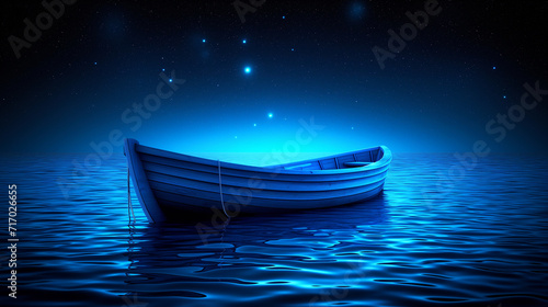 lonely wooden boat floats on a calm ocean at night, illuminated by a glow under a starry blue sky