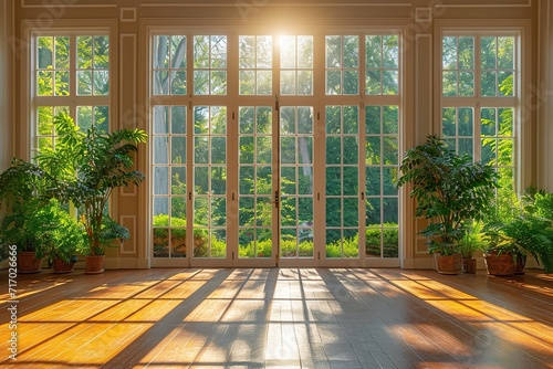 Empty room  large windows overlooking nature. Nobody inside