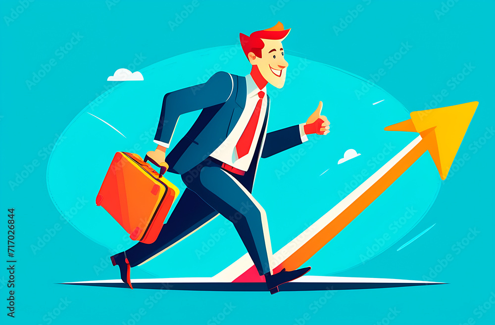 Businessman in business suit with suitcase running in the direction of rising arrow, finance concept Businessman in business suit with suitcase running in the direction of rising arrow, finance concept