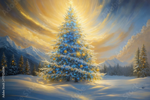 christmas tree in the snow - christmas tree design - golden christmas tree - Generative AI
