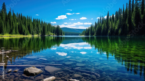 Blue water in forest lake with pine trees. Reflection of the forest in water of clear lake