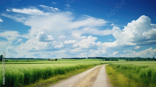 Journey through fields  An asphalt road weaves through a summer landscape under a picturesque sk