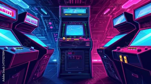 Arcade game screen. Copy space on interface screen. Retro arcade game machine. Video gaming machine. Vector Illustration of play screen game
