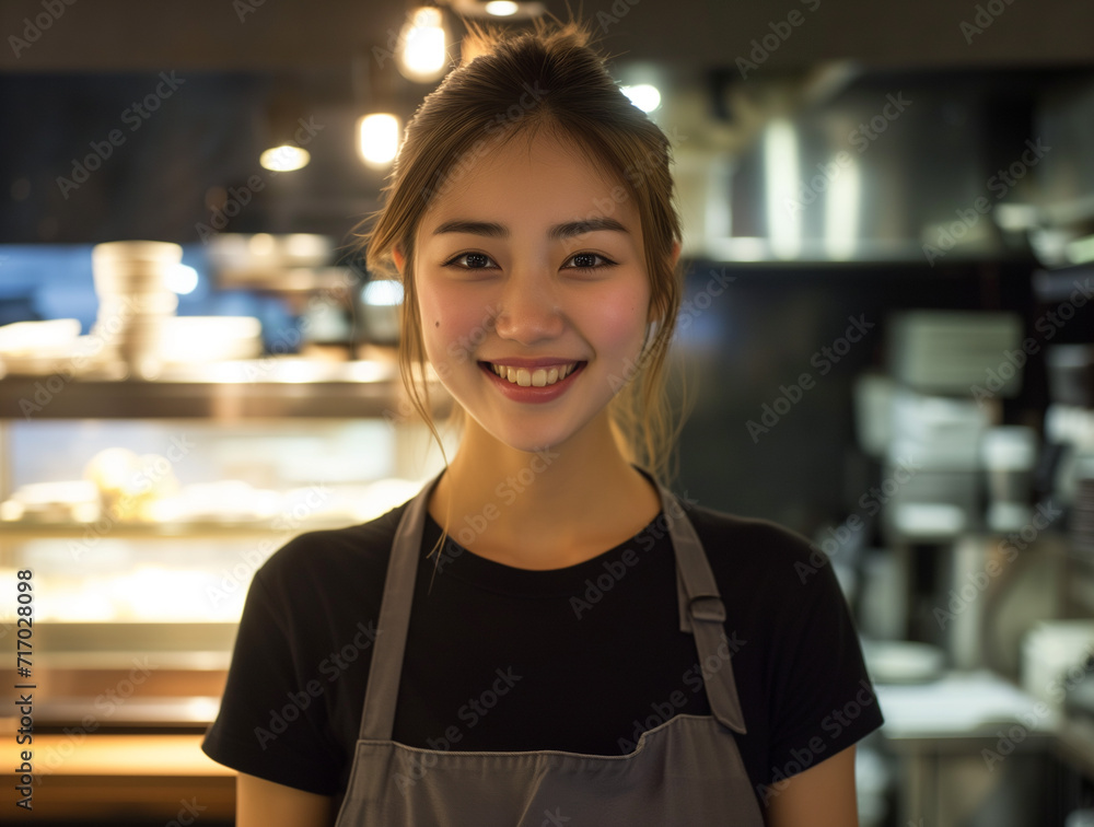 A smiling young Japanese female waitress A smiling young Japanese female waitress