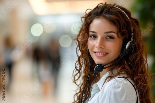 Professional friendly female support worker wearing a headset, portraying excellent customer service, with a blurred office background and copy space 