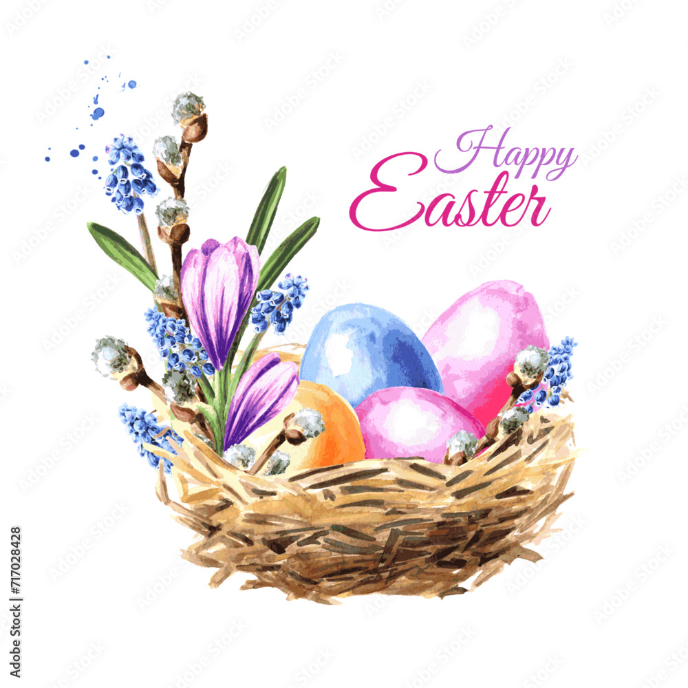 Happy Easter concept. Hand drawn watercolor illustration isolated on white background 