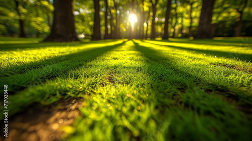 Sunrise peeks through a forest  casting long shadows on vibrant green grass with a fresh morning dew