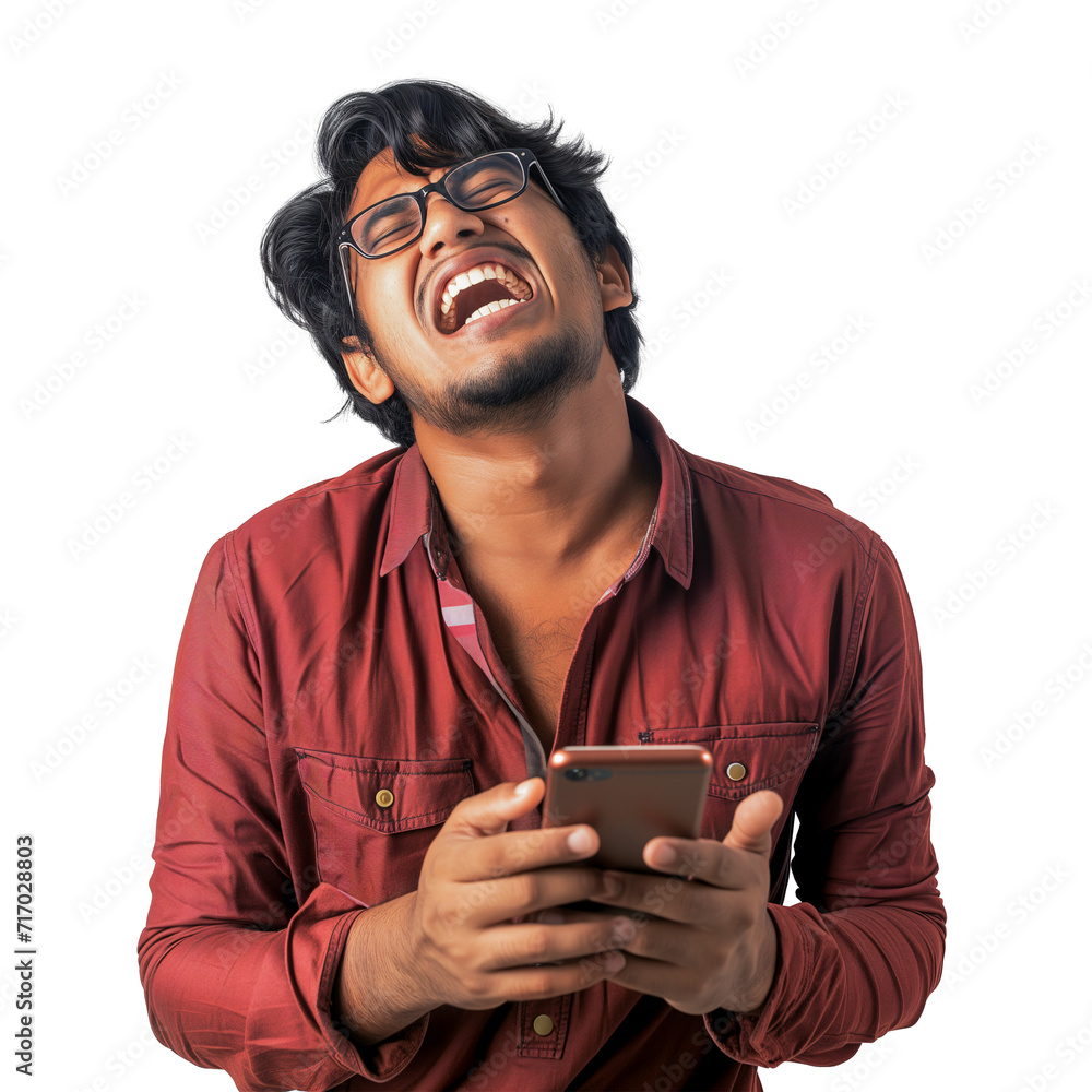 Depressed young South Asian man looking sad while holding his mobile phone, isolated background