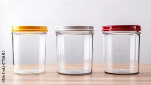 Glass jars for food. Empty glass containers. Glass jars for food. Food containers. Glass container set. Food Storage. Glass Food Container. Copy Space.