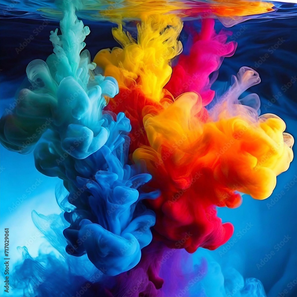 Liquid Canvas Blast: Firefly Explosion of Colored Paints Below Water Surface Liquid Canvas Blast: Firefly Explosion of Colored Paints Below Water Surface