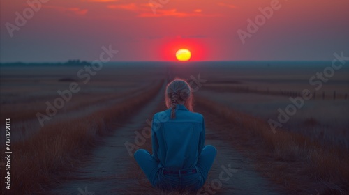 Woman sitting alone watching a beautiful sunset in the countryside