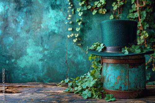 Green leprechaun hat and clover leaves on wooden table  gold lay with space for text. St. Patrick s Day celebration