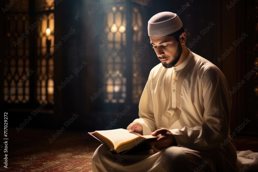 A Muslim man in traditional attire reads the Quran inside the mosque a serene sunrise inside a mosque. A Muslim man in traditional attire reads the Quran inside the mosque a serene sunrise inside a mosque.