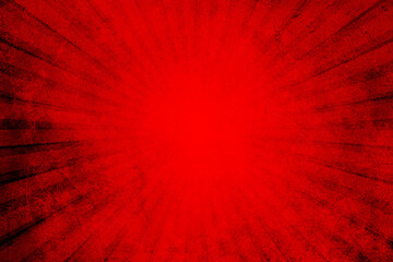 Red grunge background with sunburst. Red rays background