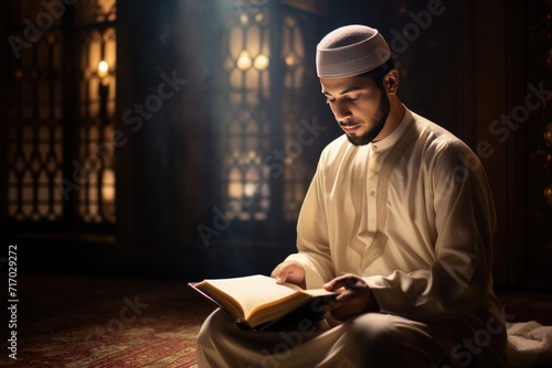 A Muslim man in traditional attire reads the Quran inside the mosque a serene sunrise inside a mosque.